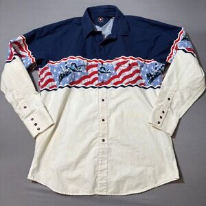 Panhandle Slim Western Snap Shirt L – Rodeo Cowboy Flag Print Vintage Style‎